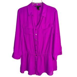Lane Bryant Fuchsia Button Front Peplum Tunic Size 16 3/4 Sleeve Semi-Sheer